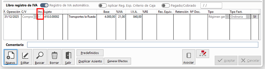 Fragmento ventana Diario en ClassicConta 7.
